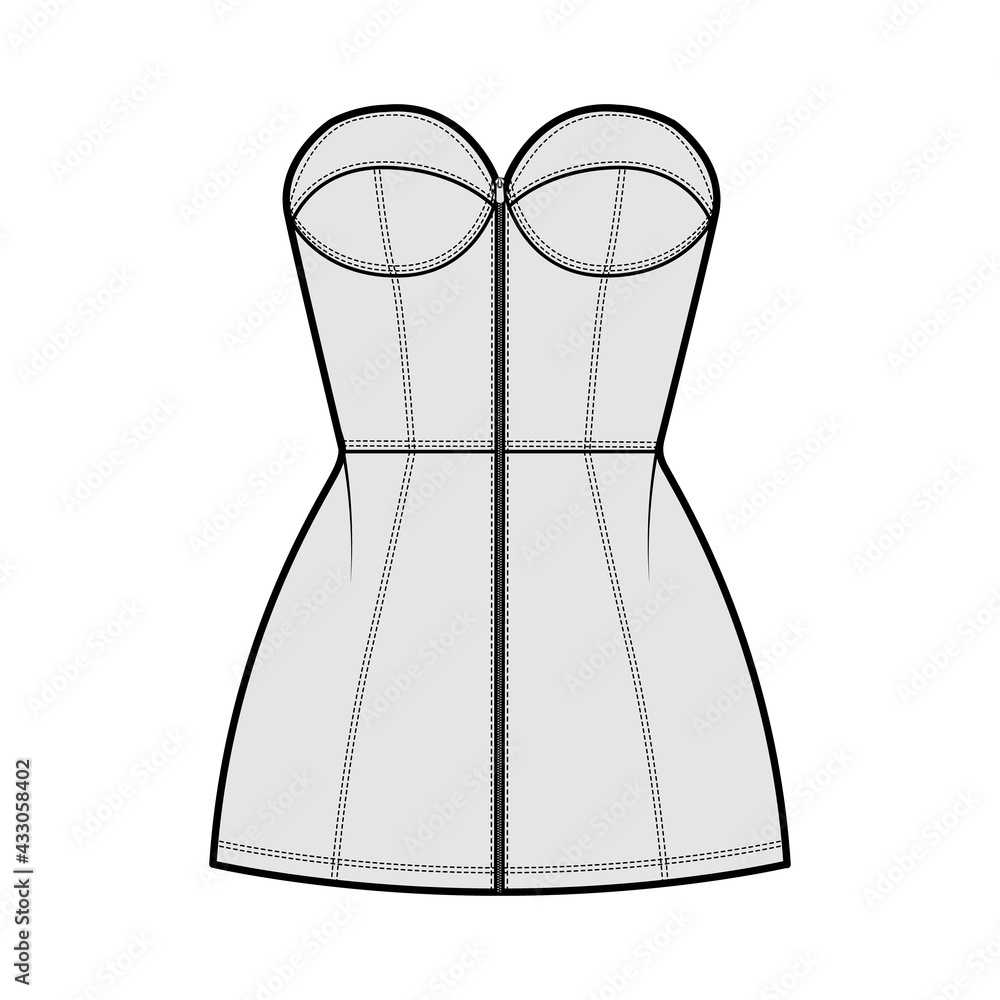Zip-up tube dress technical fashion illustration with bustier, strapless, fitted body, mini length skirt. Flat garment apparel front, grey color style. Women, men unisex CAD mockup