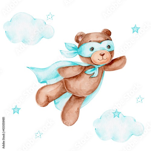 Flying teddy bear in super hero costume; watercolor hand drawn illustration; can be used for kid posters or cards; with white isolated background