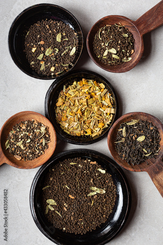 Directly above shot of variety of masala chai tea leaves in bowls