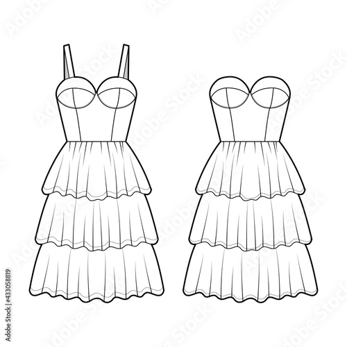 Set of dresses bustier technical fashion illustration with sleeveless, strapless, fitted body, knee length ruffle tiered skirt. Flat apparel front, white color style. Women, men unisex CAD mockup