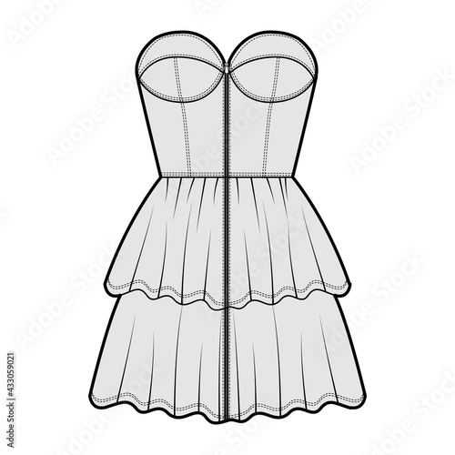 Zip-up bustier dress technical fashion illustration with strapless, fitted body, 2 row mini length ruffle tiered skirt. Flat apparel front, grey color style. Women, men unisex CAD mockup