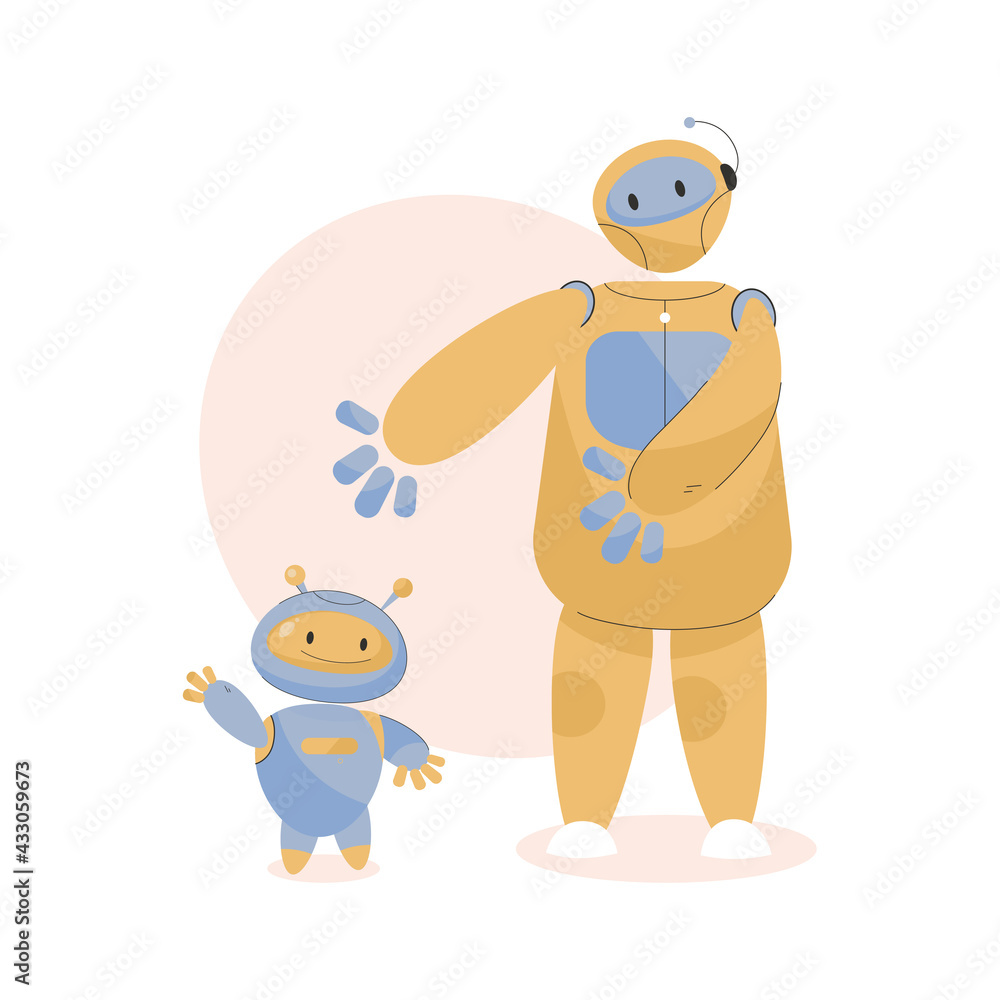 Two cute robots assistants. Robotic machines with artificial intelligence Two cute robots assistants. Robotic machines with artificial intelligence