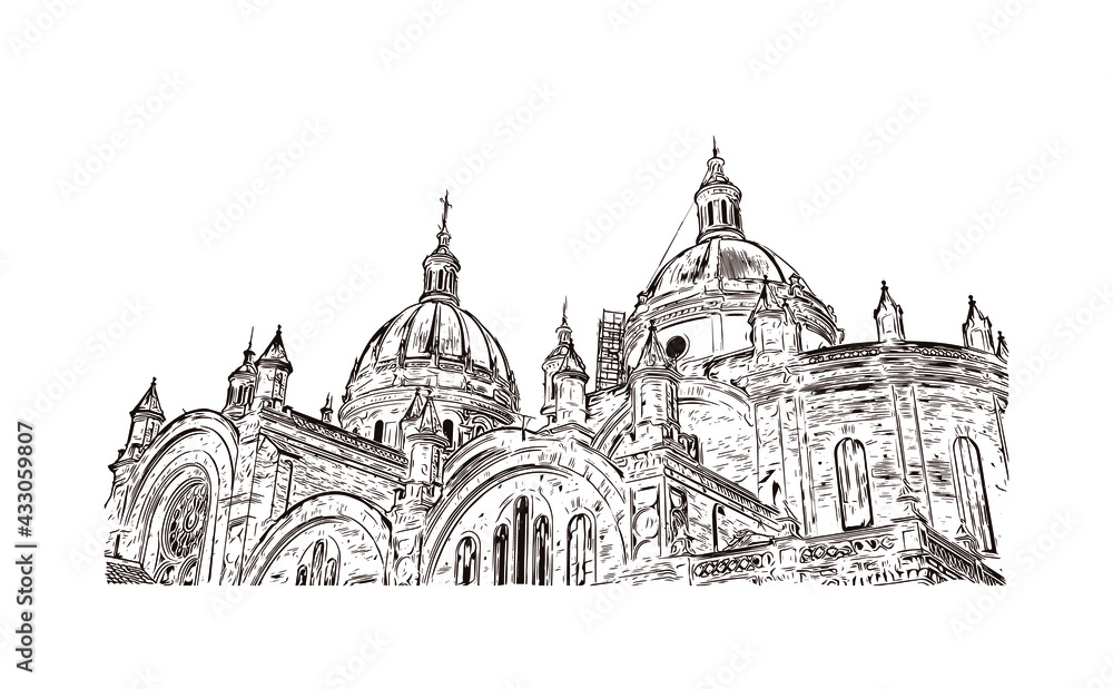 Building view with landmark of Cuenca is the
city in Ecuador. Hand drawn sketch illustration in vector.