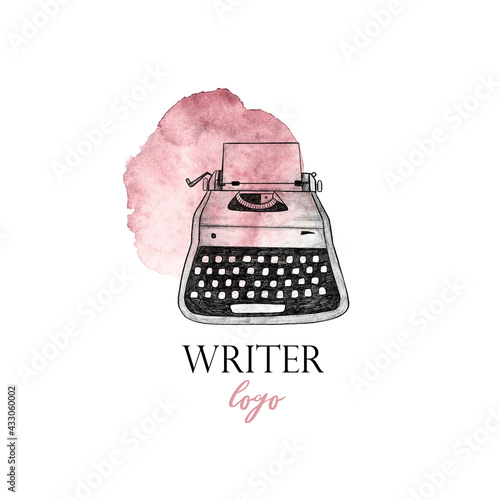 Writer logo. Typewriter and pink watercolor spot on white isolated background	
