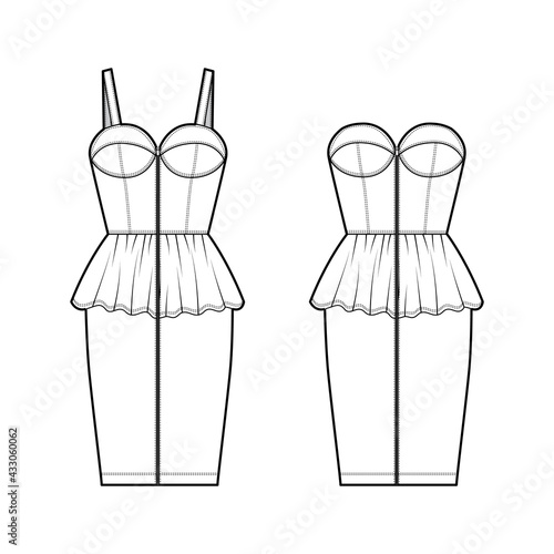 Set of dresses Zip-up bustier peplum denim technical fashion illustration with sleeveless, strapless, fitted body, knee length. Flat apparel front, back, white color style. Women men unisex CAD mockup
