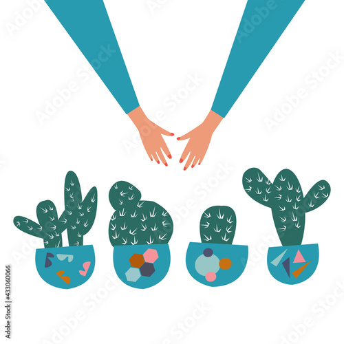 Home plants. Female hands that take care of cacti. Vector cactus illustration in the boho style. Cute hand drawn green cacti in turquoise pots for poster, card, cover, bag and t-shirt print.
