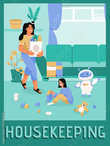 Vector poster of Housekeeping concept. Cozy smart home