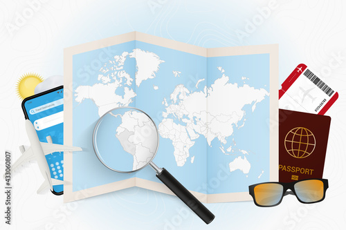 Travel destination Peru, tourism mockup with travel equipment and world map with magnifying glass on a Peru.