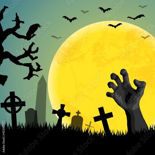 Halloween undead hand in front of full moon
