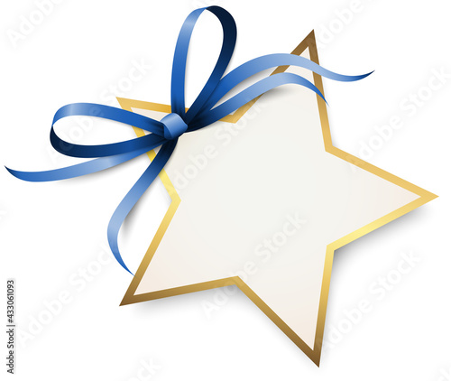 gold ribbon bow with christmas star hang tag