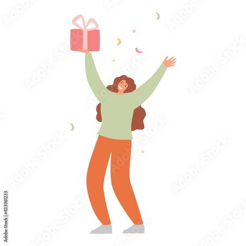 Happy woman raising hands celebrating holiday with colorful confetti vector flat illustration. Woman hold gift box, banner, flag having fun with friends isolated. Person with balloons and flag