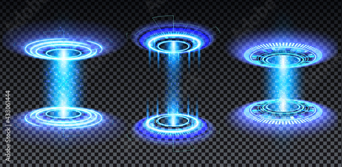Blue hologram portal set. Magic fantasy portal. Magic circle teleport podium with hologram effect. Vector blue glow rays with sparks on transparent background.