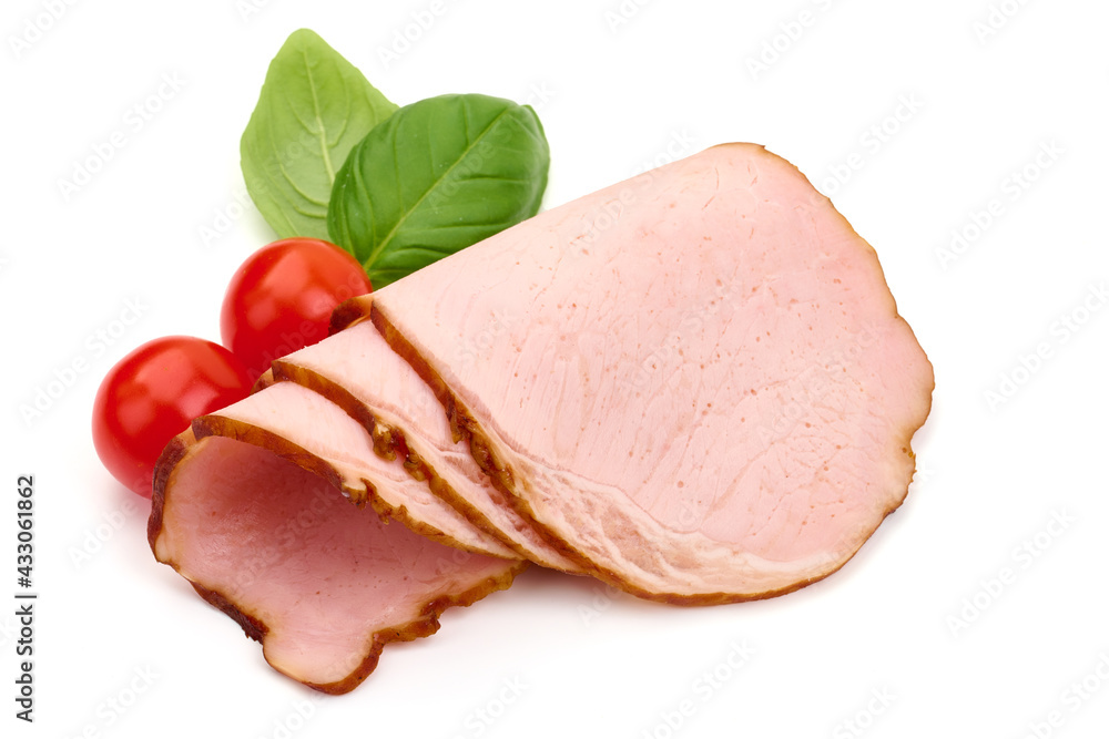 Smoked pork loin slices, isolated on white background. High resolution image