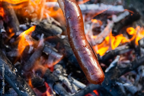 Barbecue sausage grilled in campfire flame. Weekend in a forest.