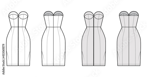 Zip-up tube dress technical fashion illustration with bustier, sleeveless, strapless, fitted body, knee length skirt. Flat garment apparel front, back, white grey color style. Women, men CAD mockup