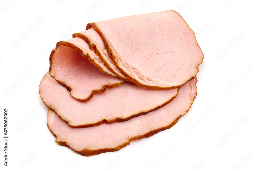 Smoked pork loin slices, isolated on white background. High resolution image. Smoked pork loin slices, isolated on white background. High resolution image.