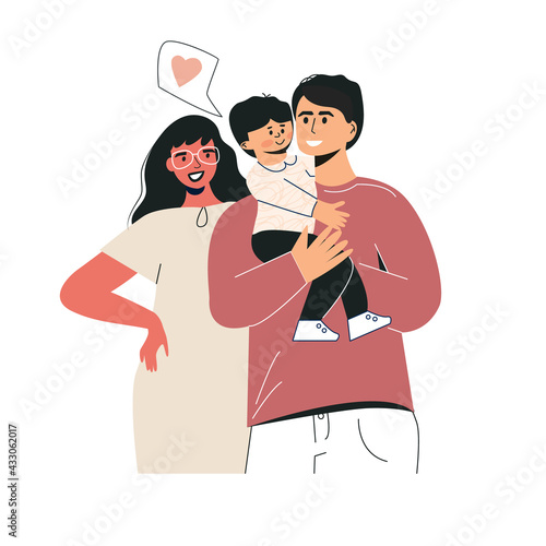 Young diverse parents couple holding child and hugging, happy parenthood relationship. Multicultural foster family. Racial diversity in family. Flat vector cartoon illustration isolated on white
