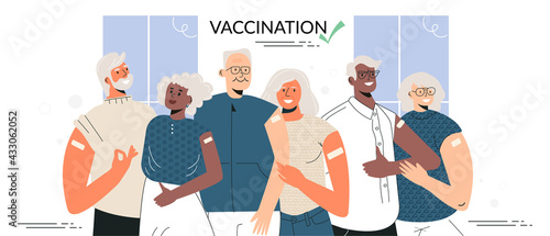 Vaccination of the elderly Senior people after vaccinate concept. Group of diverse elderly couple stand together. Old character getting vaccine for immunity health. Flat vector cartoon illustration