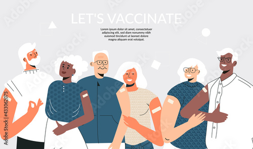 Senior people after vaccinate concept Vaccination of the elderly. Group of diverse mature couple stand together. Grandparents getting vaccine for immunity health. Flat vector illustration for banner