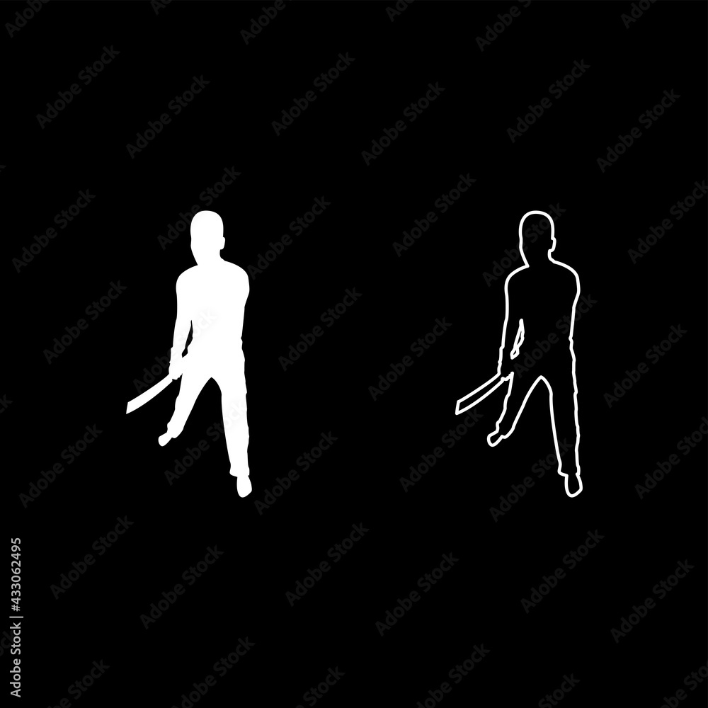 Man with sword machete Cold weapons in hand military man Soldier Serviceman in positions Hunter with knife Fight poses Strong defender Warrior concept Weaponry Stand silhouette white color vector 