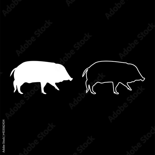 Wild boar Hog wart Swine Suidae Sus Tusker Scrofa silhouette white color vector illustration solid outline style image