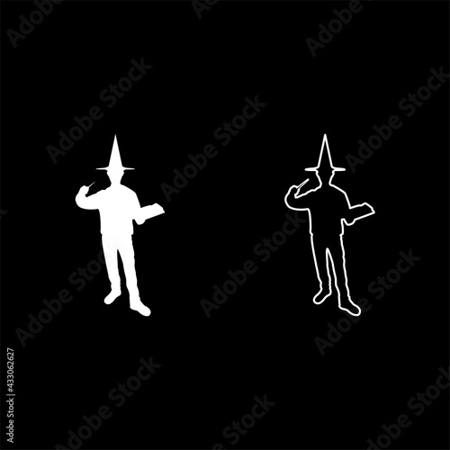Wizard holds magic wand trick book Waving Sorcery concept Magician Sorcerer Fantasy person Warlock man in robe with magical stick Witchcraft in hat mantle Mage conjure Mystery idea Enchantment 