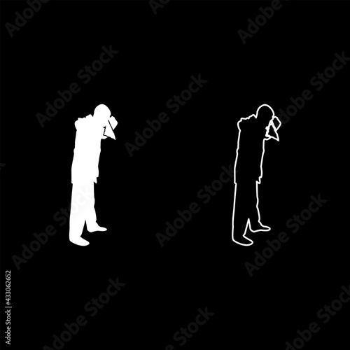 Man is blow one's nose into handkerchief tissue paper Cough Rhinitis Allergies concept Sneezing Runny nose Snot highlighted Male smoky blowing orcue Hay fever silhouette white color vector 