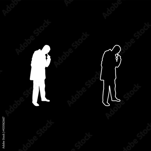 Man poking in nose use finger Male cleans nasal passages silhouette white color vector illustration solid outline style image