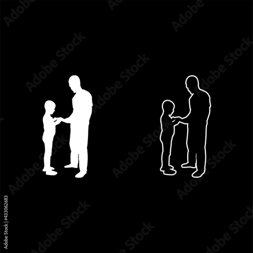 Man transmits thing to boy Father Male give book gadget smartphone son children take something Dad relationship Family concept Child friendship toddler daddy silhouette white color vector 