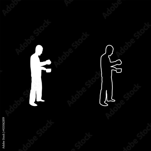 Man with saucepan in his hands preparing food Male cooking use sauciers with open lid silhouette white color vector illustration solid outline style image photo