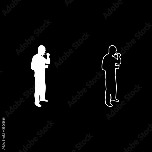 Man trying food from spoon standing Tasting concept Gourmet tries dish Chef trying silhouette white color vector illustration solid outline style image