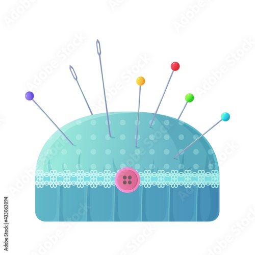 Cute polka dot blue pincushion with neddles and pins clipart. Sewing or tailoring kit, handmade cloth, home leisure, hobby, craft, DIY concept. Stock vector illustration isolated on white background