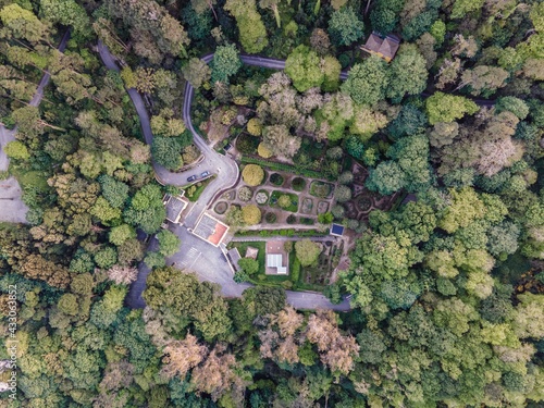 Obraz na płótnie Aerial view of the garden inside Pena Palace castle in Sintra on hilltop, view of the botanical garden among the forest trees, SIntra, Lisbon, Portugal. w salonie