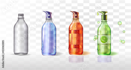 Plastic or glass bottle with label.3d.Realistic.Lemon liquid soap.
White background.Set of Transparent bottles. 
Air freshener. Perfume. Blue glass bottle.For designers.
Vector stock illustration.