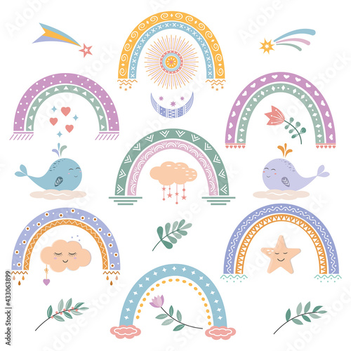 Set of rainbow whales flowers and other elements in boho style, color vector illustration