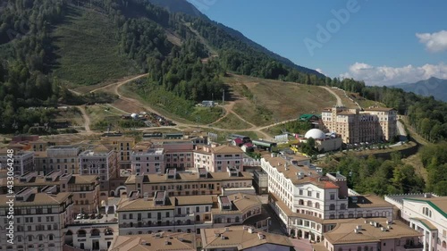 Mountain resort Krasnaya Polyana from above, beautiful buildings and landscape
