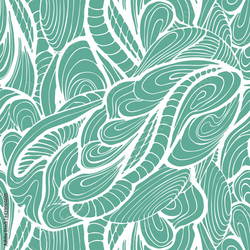Seamless pattern of white flowing lines on a light green background.
