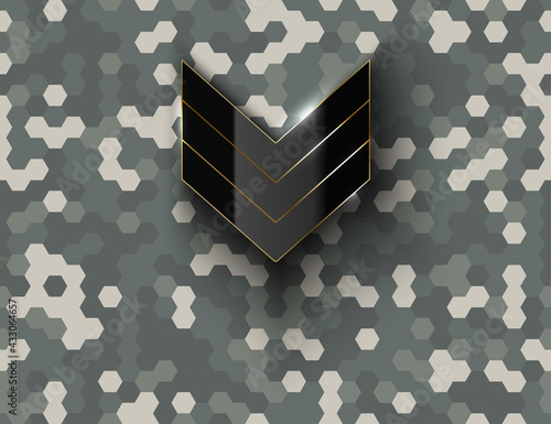 Military black glossy sergeant rank sign on hex pixel camouflage background. Modern army camouflage hexagon pixel texture. Futuristic gray camo background. Black sign with golden frame