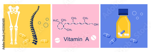 Vitamin A with Chemical formula. Retinol, beta carotene. Anti aging complex pills.Nutrition for bones and spine.Vision and osteoporosis disease prevention and treatment. Infographic elements. Vector