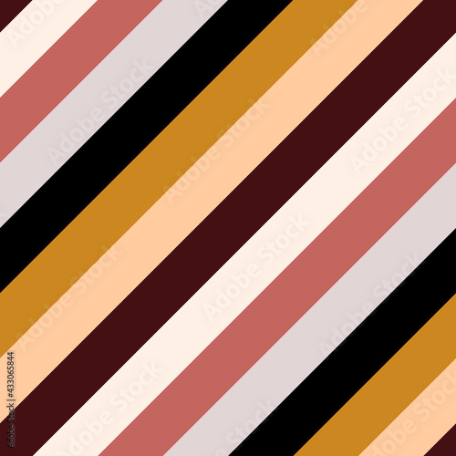Seamless abstract boho striped pattern. Pastel nude background. Gold, burgundy, yellow, beige lines wallpaper, wrapping paper, textile, print, home decor. Trendy diagonal stripes. Vector illustration