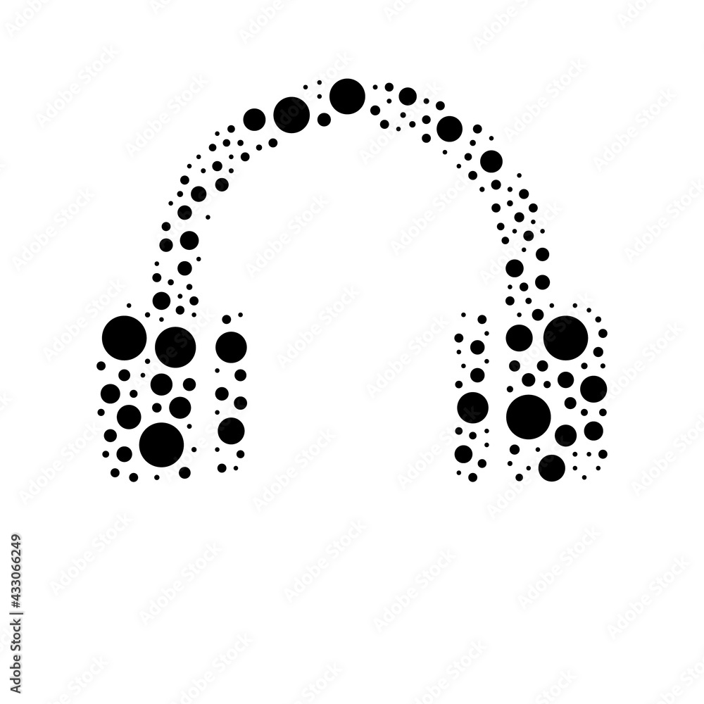 A large headphones symbol in the center made in pointillism style. The center symbol is filled with black circles of various sizes. Vector illustration on white background A large headphones symbol in the center made in pointillism style. The center symbol is filled with black circles of various sizes. Vector illustration on white background