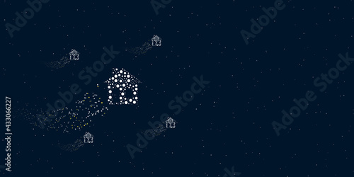 A house symbol filled with dots flies through the stars leaving a trail behind. Four small symbols around. Empty space for text on the right. Vector illustration on dark blue background with stars