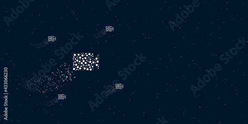 A video camera symbol filled with dots flies through the stars leaving a trail behind. There are four small symbols around. Vector illustration on dark blue background with stars