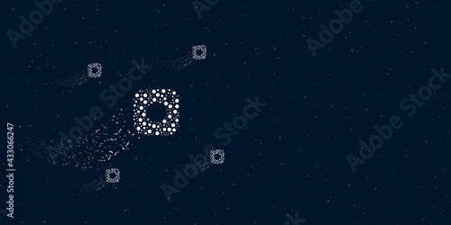 A camera symbol filled with dots flies through the stars leaving a trail behind. Four small symbols around. Empty space for text on the right. Vector illustration on dark blue background with stars
