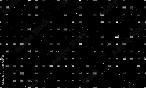 Seamless background pattern of evenly spaced white baby cot symbols of different sizes and opacity. Vector illustration on black background with stars