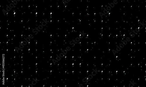Seamless background pattern of evenly spaced white balloon symbols of different sizes and opacity. Vector illustration on black background with stars