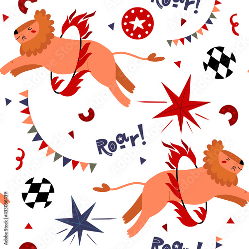 Modern pattern the circus lion jumping through a ring of fire. Carnival wrapping paper. Design for nursery, fabric printing, postcard, poster, packaging. Hand drawn illustration.