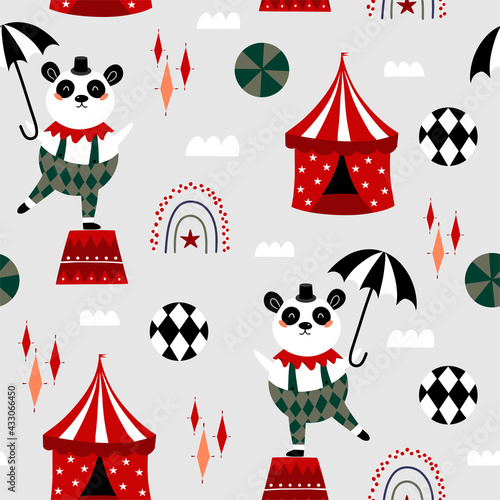 Pattern the circus panda. Cute circus animals. Design for nursery, fabric printing, postcard, poster, packaging. Carnival wrapping paper