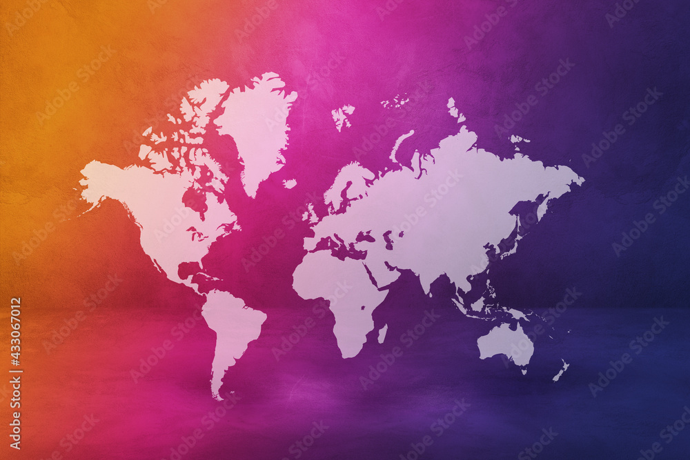World map on rainbow wall background. 3D illustration