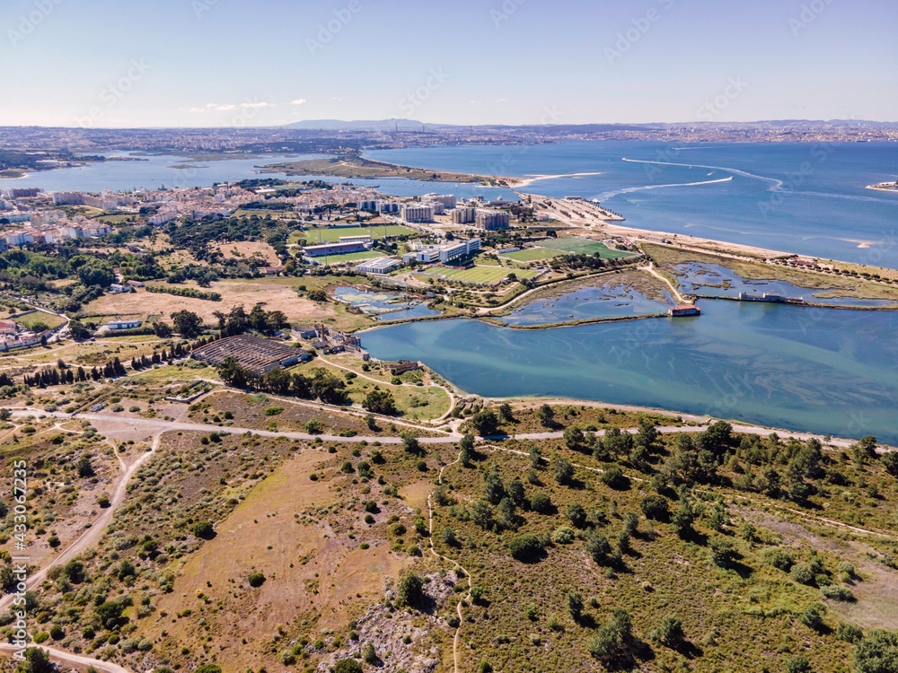 Aerial view of the Bay in Seixal along the Tagus river during a beautiful day, Seixal, Setubal, Portugal.
